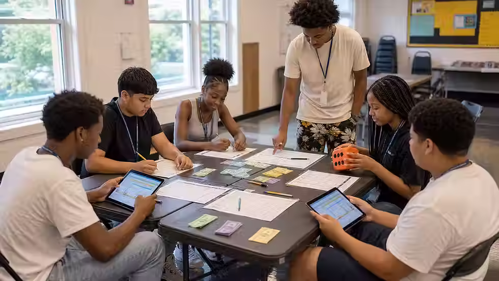 Baltimore teens in a summer youth jobs program working through a financial literacy simulation with tablets and check registers.