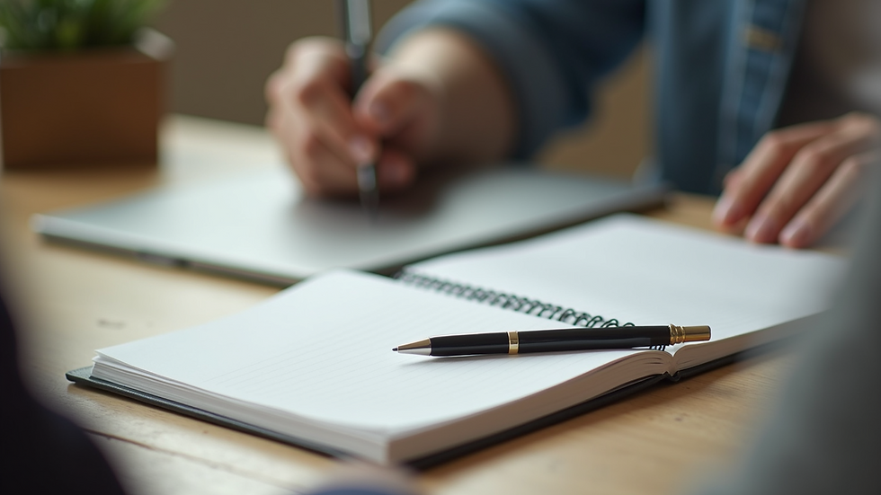 High angle view of a notebook and pen on a table ready for a therapy session