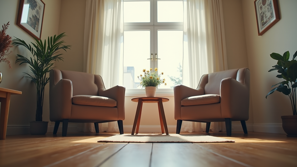 Eye-level view of a cozy counseling office with two chairs and a small table