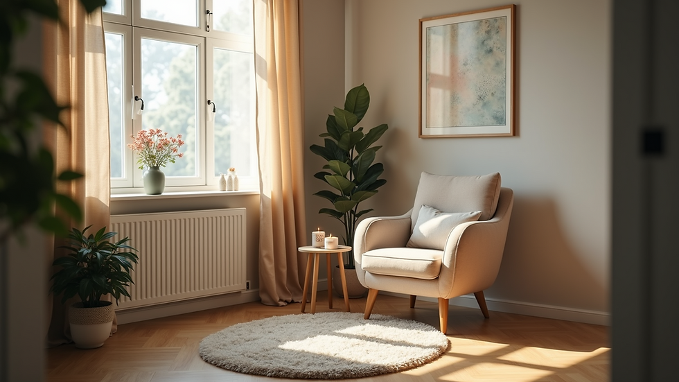 Eye-level view of a cozy therapy office with a comfortable chair and soft lighting