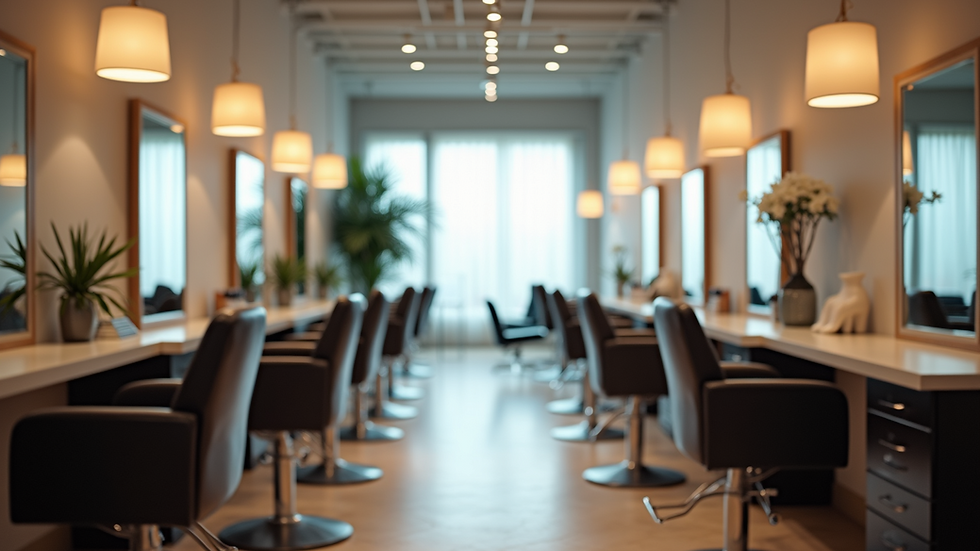 Eye-level view of a modern hair salon interior with styling chairs and mirrors