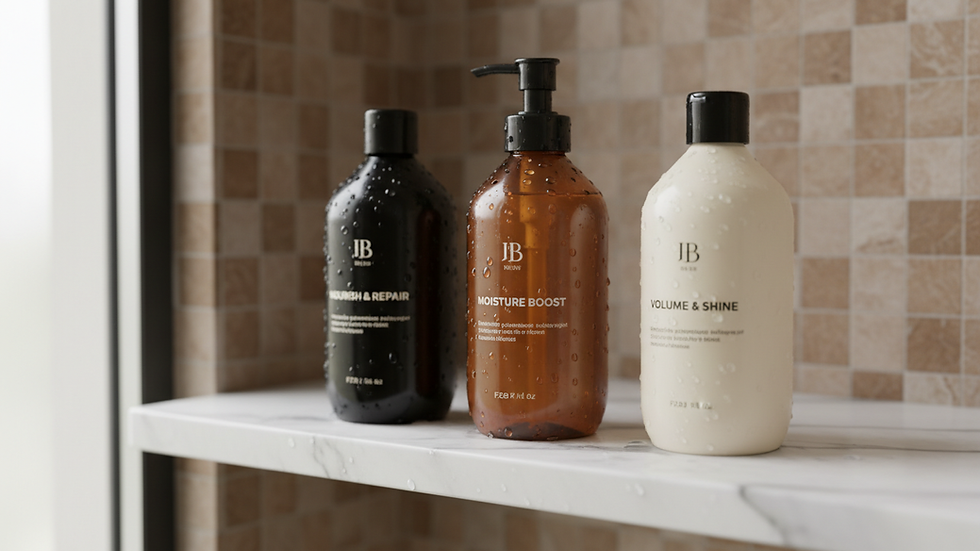 Eye-level view of shampoo bottles lined up on a shower shelf