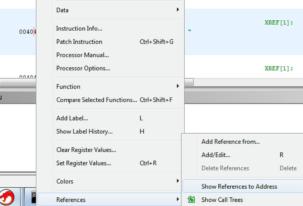 A context menu with References -> Show References to Address options
