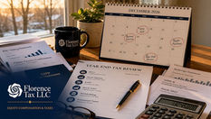 Organized year-end tax review desk with December 2026 calendar, tax forms, calculator, pen, and Florence Tax LLC mug.