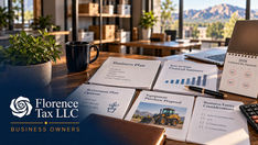 Tax planning desk with business forms, laptop, coffee mug and plant; Florence Tax LLC Business Owners logo overlay.