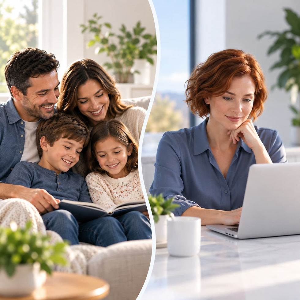 Woman using laptop near family reading, showing tax resources