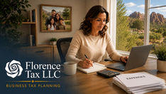 Woman works at laptop in sunny home office, writing beside calculator and EXPENSES papers; Florence Tax LLC.