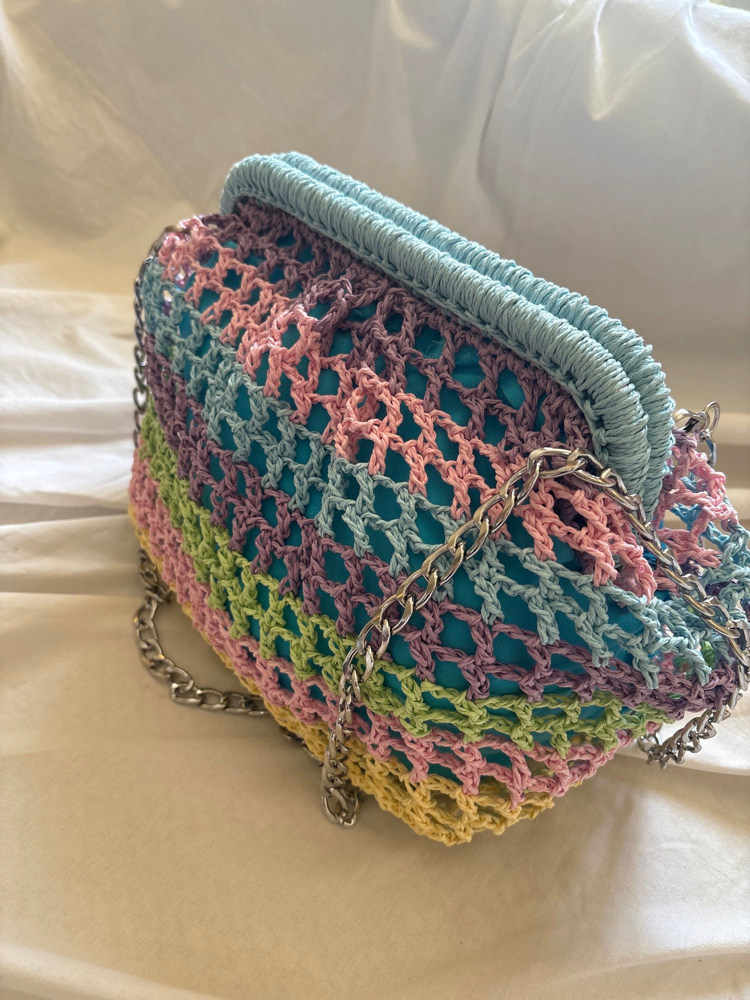 Handmade Pastel Rainbow Crochet Mesh Bag – Boho Chain Shoulder Tote with Blue Li