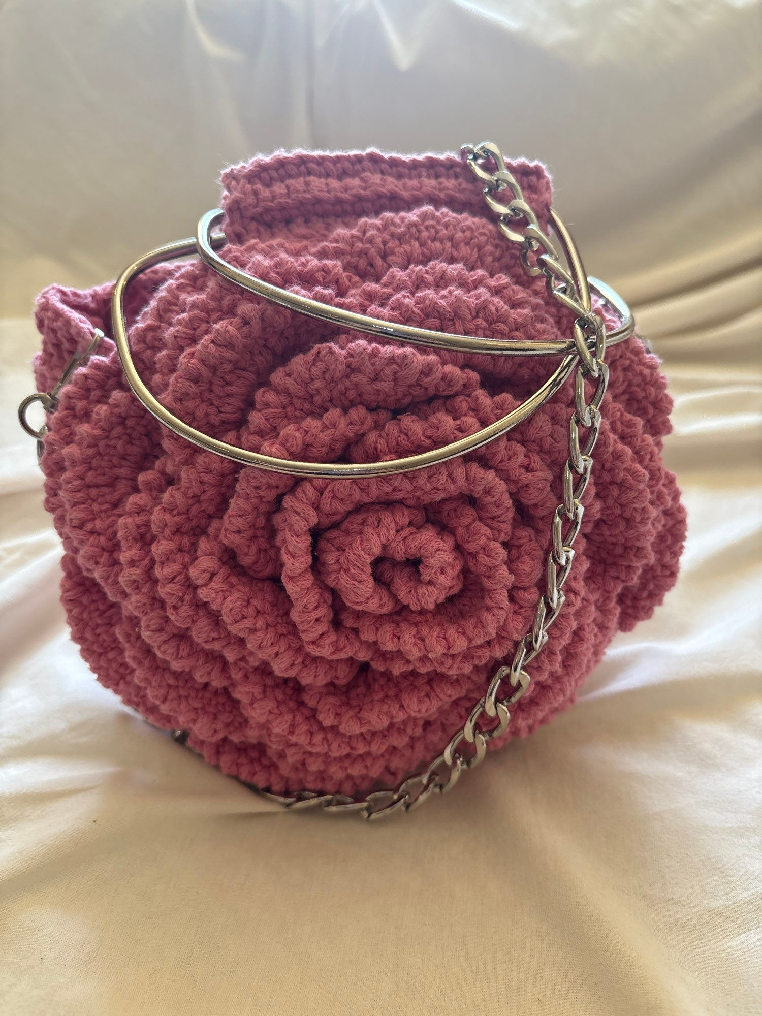 Handmade Pink Crochet Rose Bag – Boho Floral Statement Purse with Chain Strap