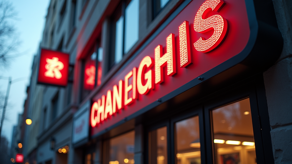 Eye-level view of a large 3D LED signboard mounted on a commercial building