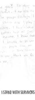 A handwritten letter of encouragement saying "I STAND WITH SURVIVORS".