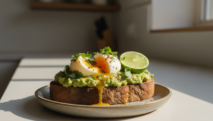 Close-up of toasted sourdough with avocado, egg, lime, herbs, and chilli flakes