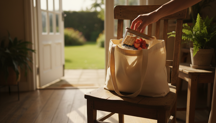 Eye-level view of a hand placing a small snack container into a canvas bag.