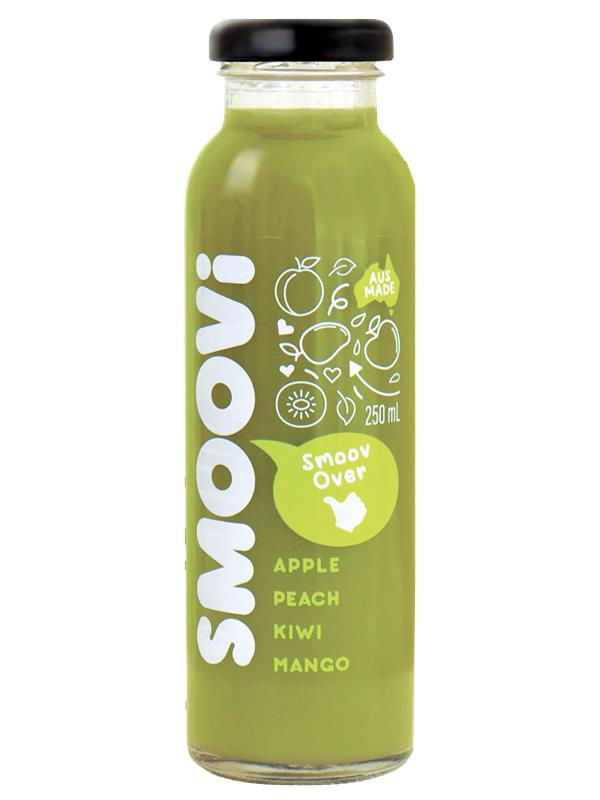 Green Smoovi juice bottle with apple, peach, kiwi and mango flavors.