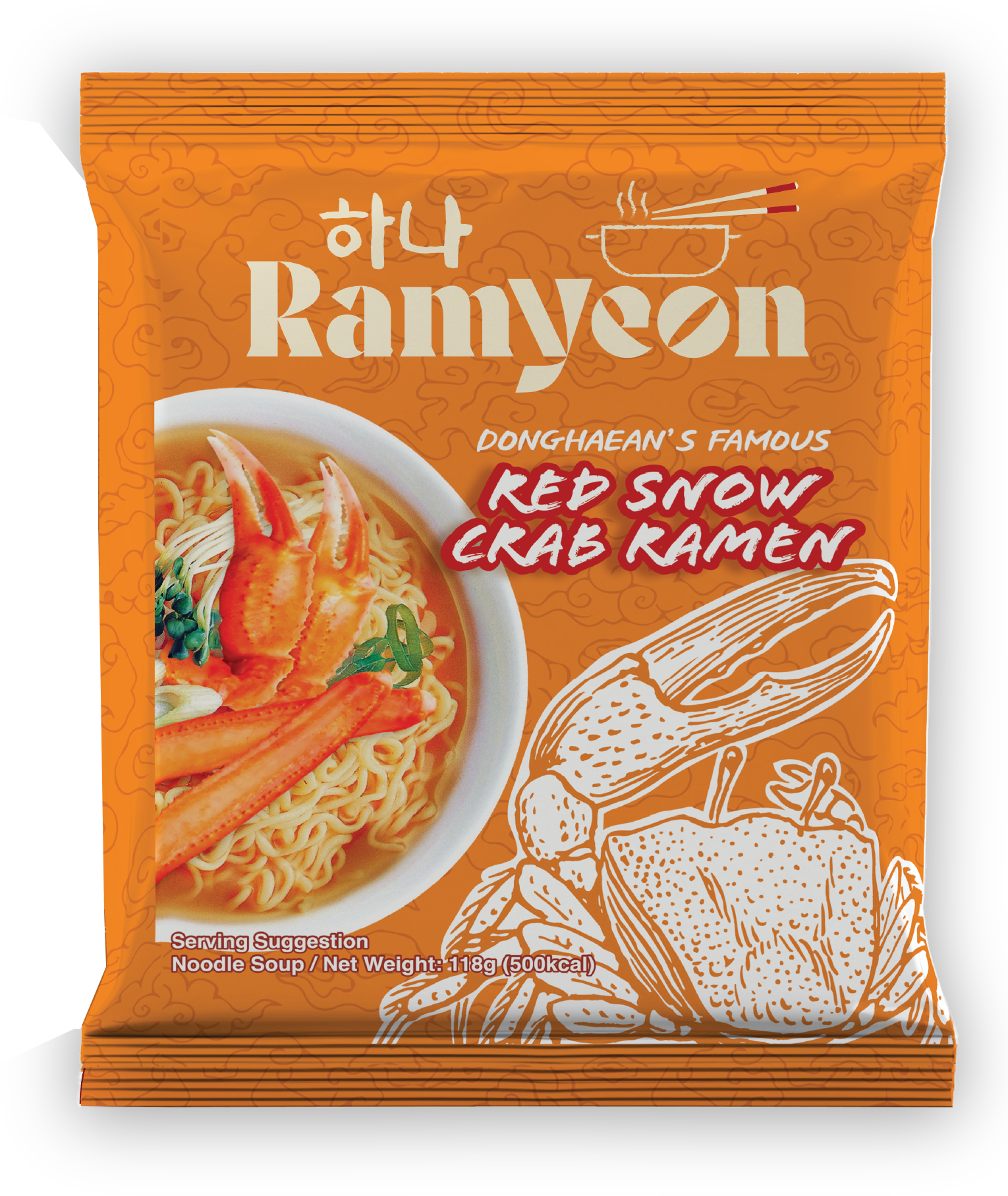 Orange Ramyeon Crab Ramen package with text and crab illustration.