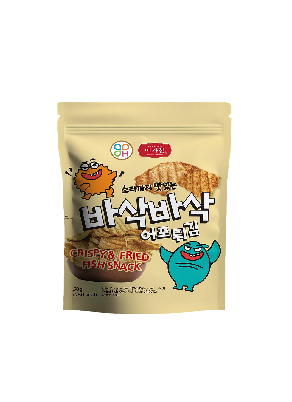 Bag of snack with text 바삭바삭, and cartoon characters. Tropical fried banana snacks.