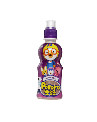 Pororo Blueberry Flavored Drink bottle with Pororo characters, Korean text displayed.