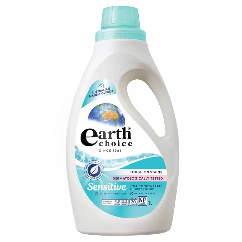 Earth Choice Sensitive Ultra Concentrate Laundry Liquid 1L, gentle formula for sensitive skin.