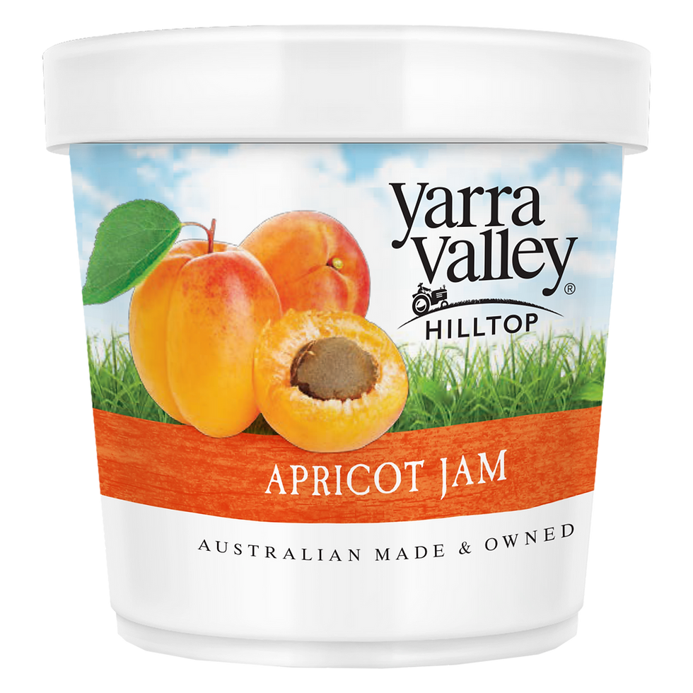 Yarra Valley Hilltop Apricot Jam jar with Australian made and owned label.