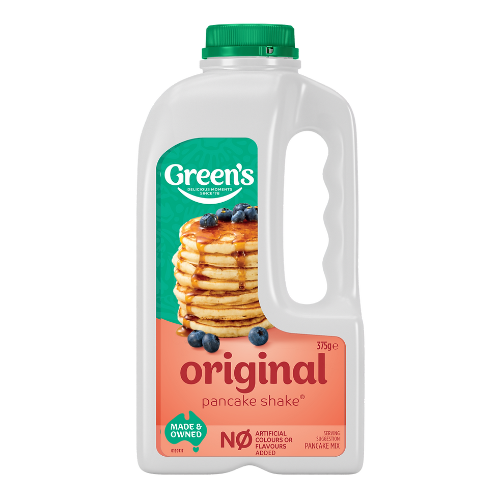Green's Original Pancake Shake bottle with pancakes and blueberries, 1L