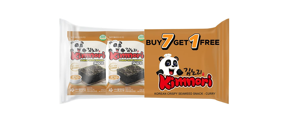 Kimnori Korean crispy seaweed snack packs, buy seven get one free promotion.