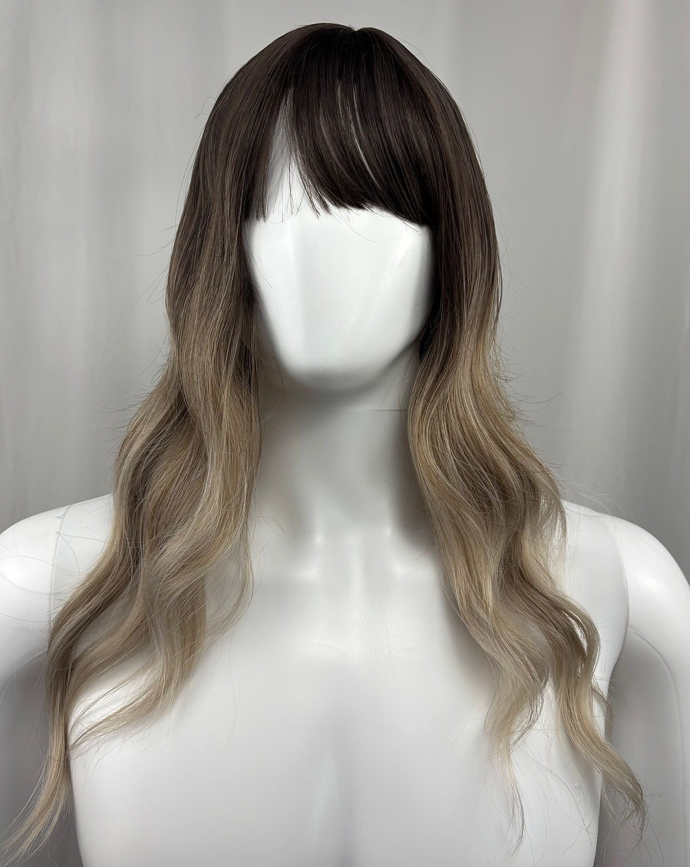 Thumbnail: Front view of haircube loni ombre light brown glueless wavy wig on a mannequin head.