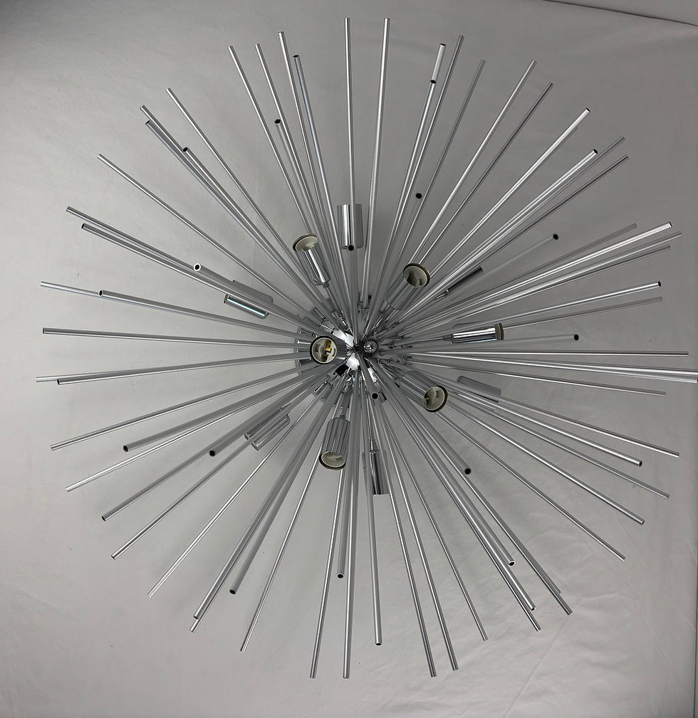 Overhead view of chrome sputnik flush mount ceiling light with 79 radiating iron rods.