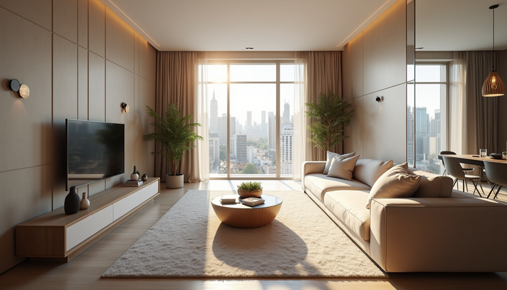 High angle view of a luxury apartment interior in Lisbon with natural light