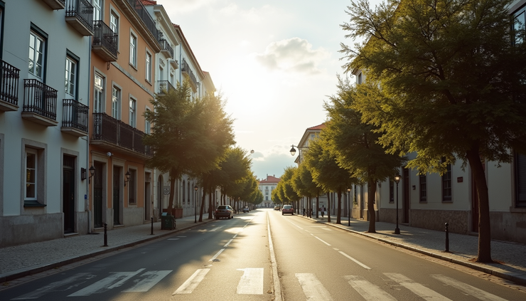 Eye-level view of a quiet residential street in Lisbon with family-friendly parks