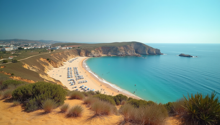 High angle view of a beach and marina in Lagos, Algarve