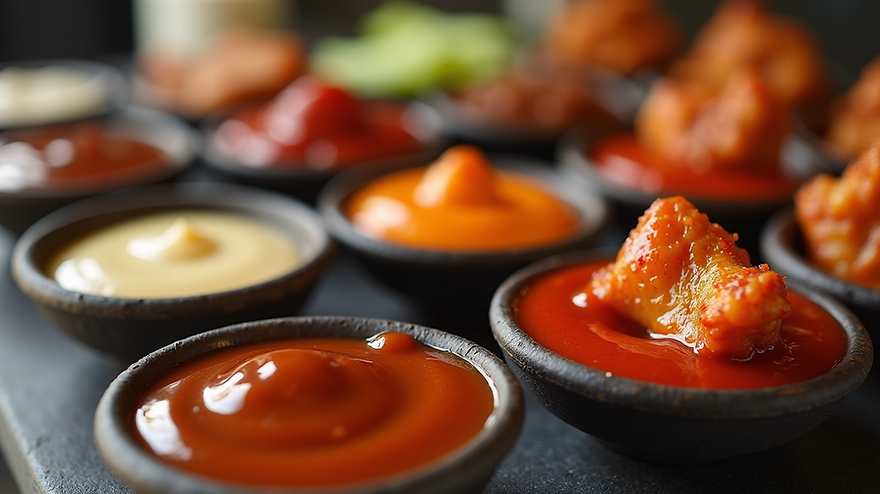 Eye-level view of a variety of wing sauces in small bowls ready for dipping