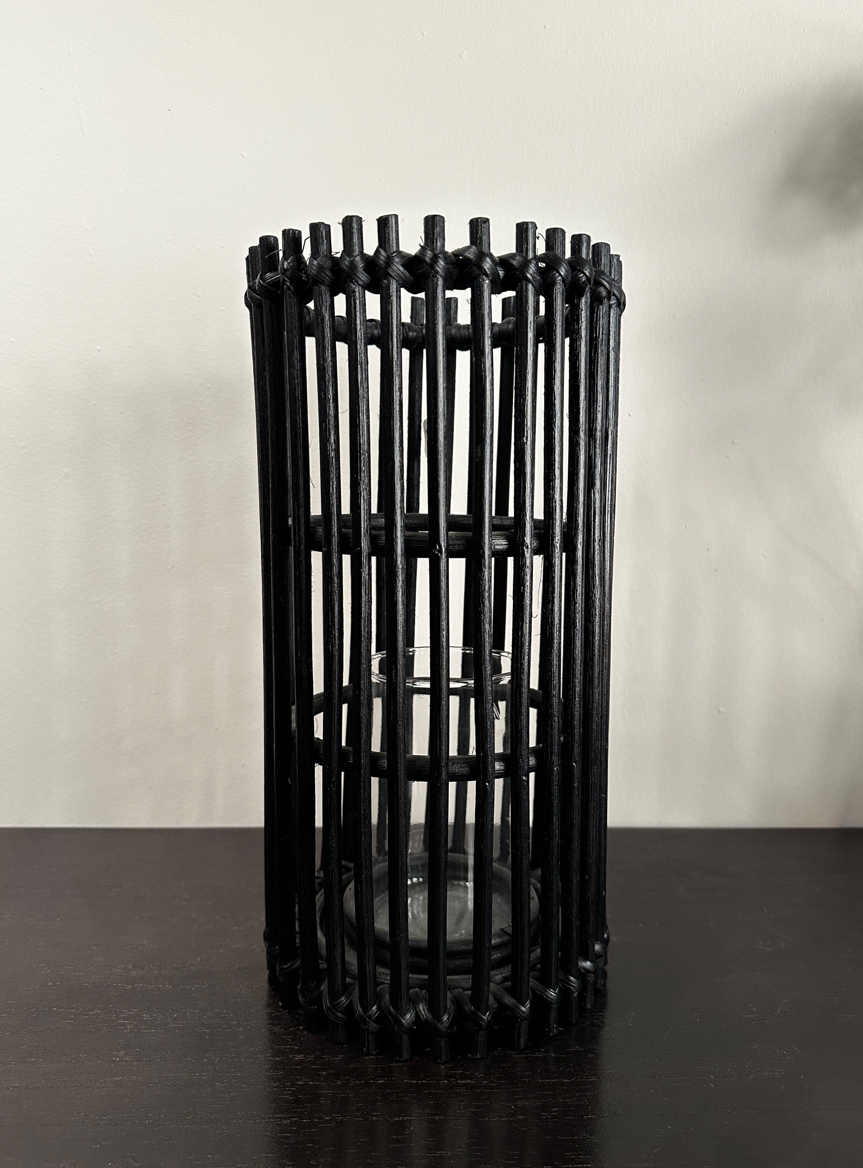 Candle Holder: Black Rattan Hurricane [CB2]