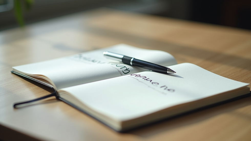 Close-up view of a notebook with handwritten goals and a pen