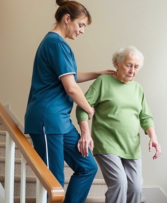 image of a physiotherapist helping and elderly person walk up stairs.jpg