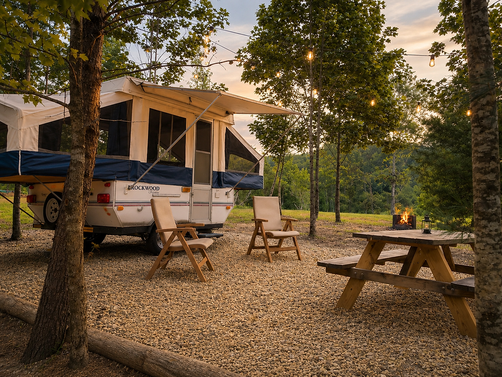 Evening campsite with fire pit and string lights.png