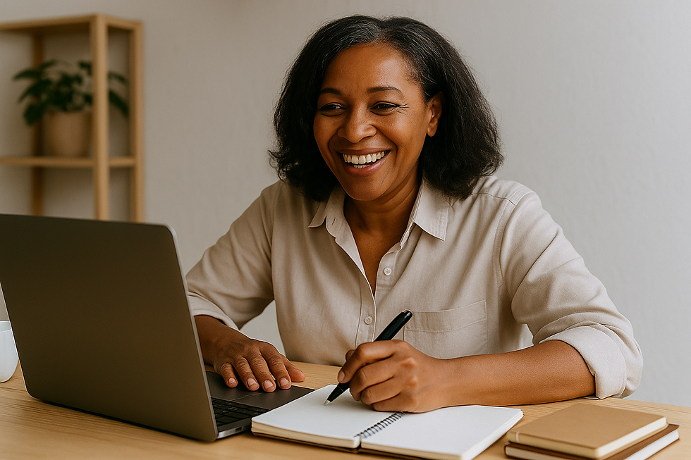 Smiling person writing in a notebook at a desk with a laptop and books. Background has a plant on a shelf. Warm, welcoming atmosphere.