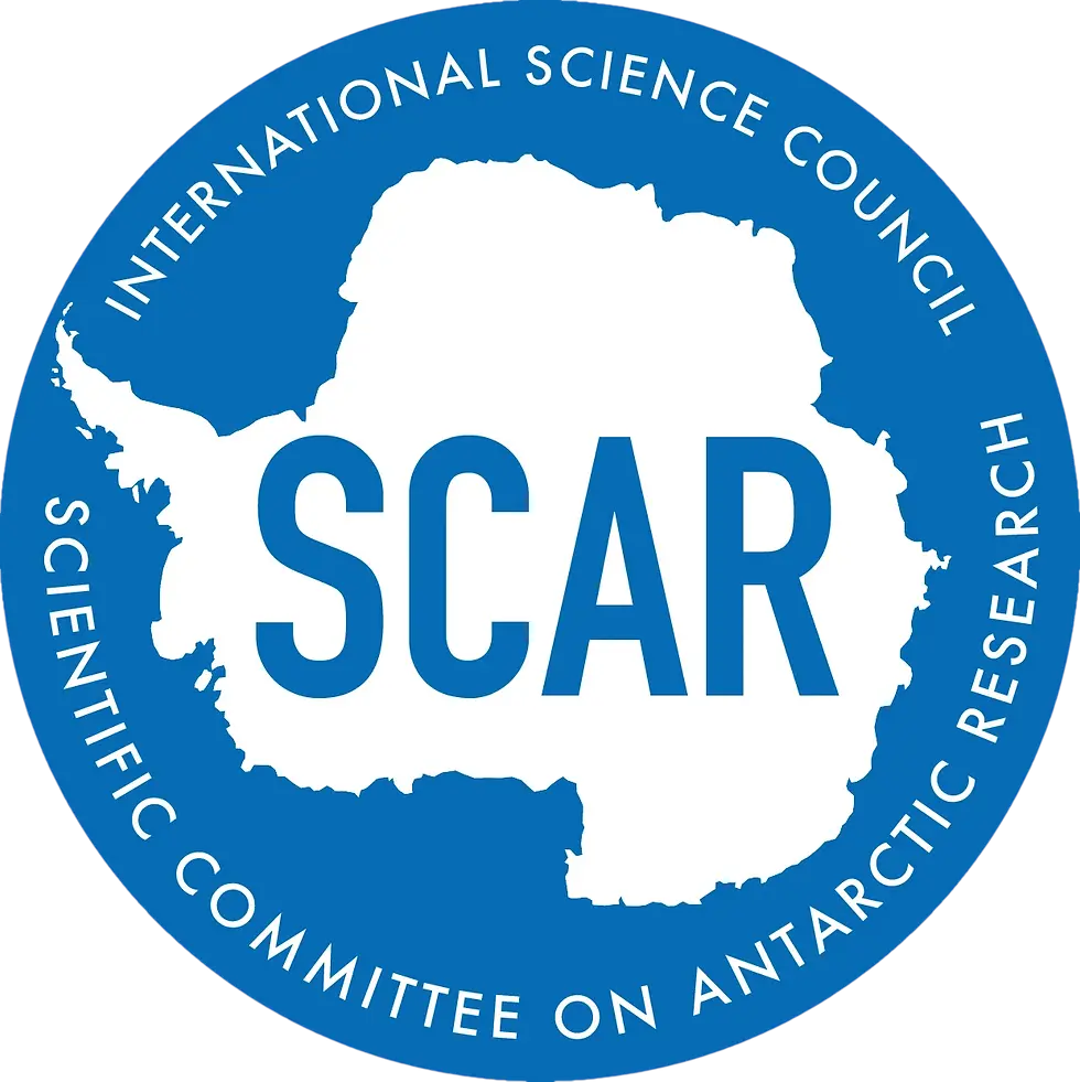 Logo of the Scientific Committee on Antarctic Research - SCAR. Showing Antarctica in white in the middle surrounded by blue color representing the southern ocean