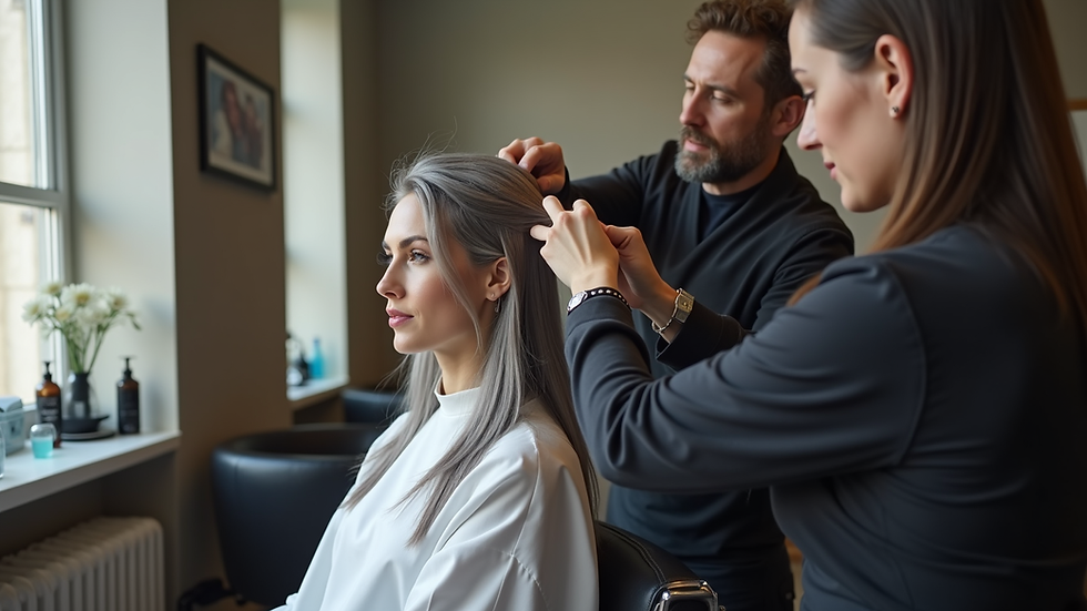 eye-level view of hairdresser applying gray hair color to client's hair