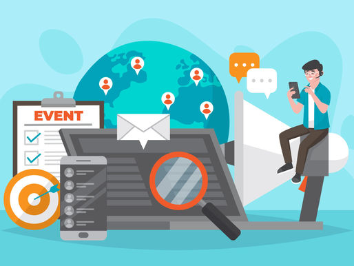 Man on megaphone checks phone. Icons of world, envelope, target, and checklist with "EVENT" text. Digital communication theme, vibrant colors.