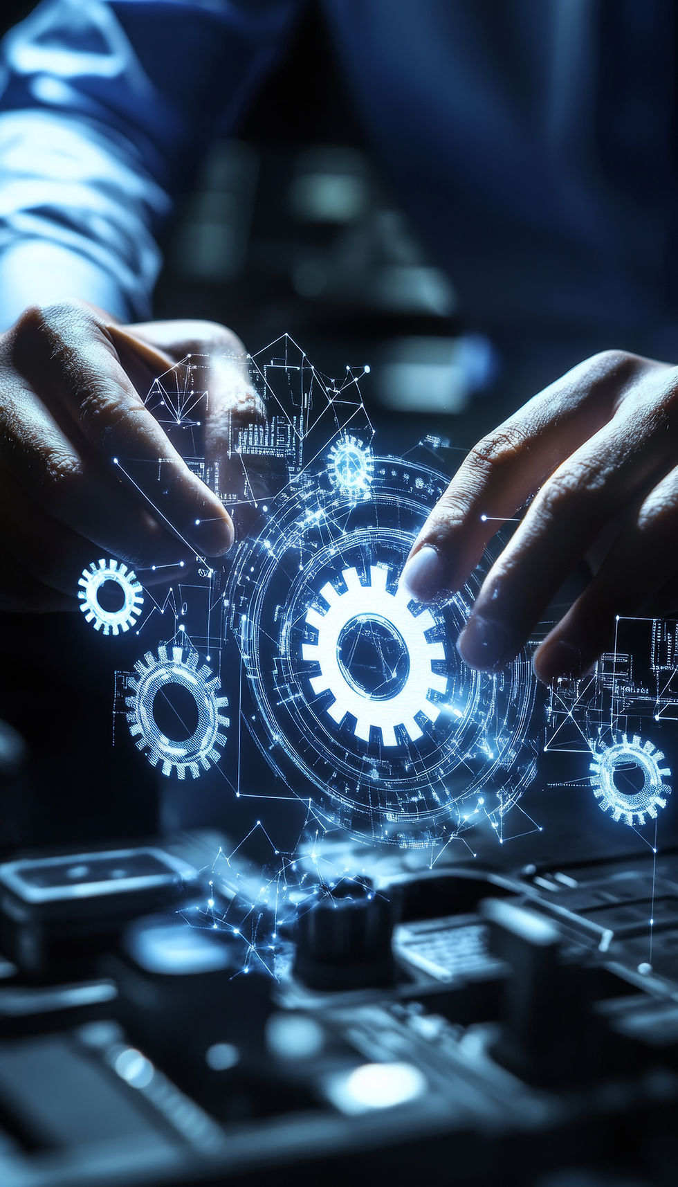 Hands interacting with glowing digital gears and circuits, set in a tech environment. Blue tones create a futuristic, innovative mood.