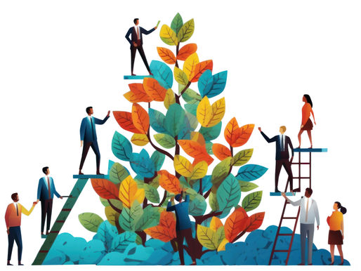 People on ladders around a multicolored tree, gesturing upwards, symbolizing growth and teamwork. Bright leaves create a vibrant scene.
