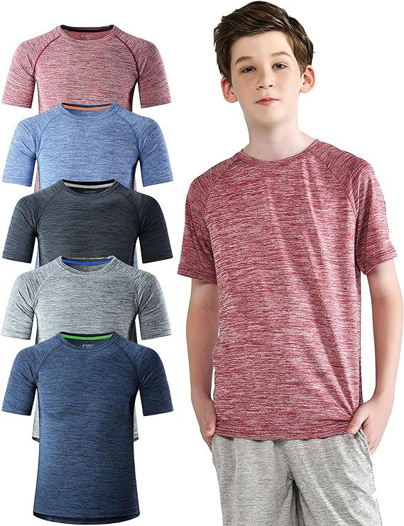 5 Pack Boys Athletic Shirts, Youth Activewear Dry Fit Tshirts for Kids, Short Sl