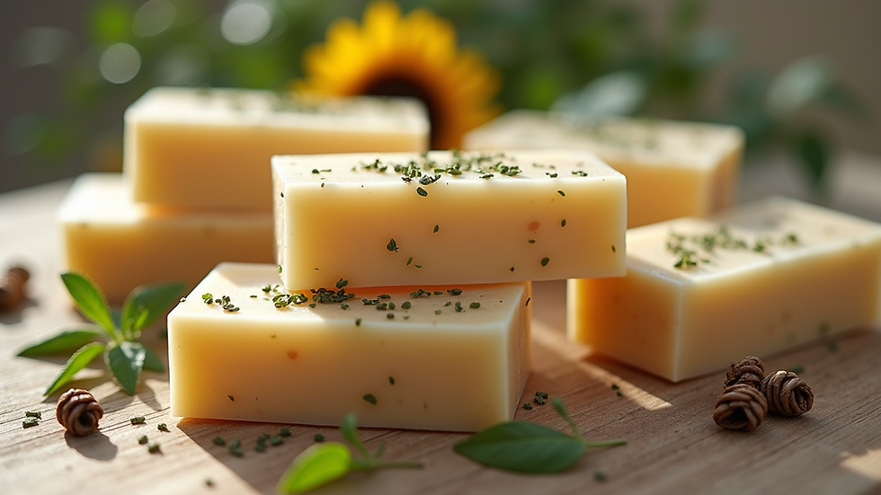 Close-up view of natural soap bars with herbs
