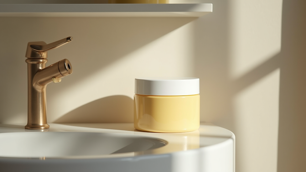 Eye-level view of a sealed body butter jar on a bathroom shelf