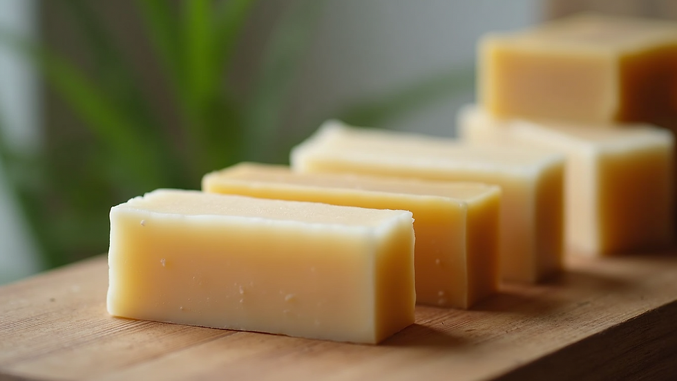Eye-level view of artisan soap bars arranged on wooden surface