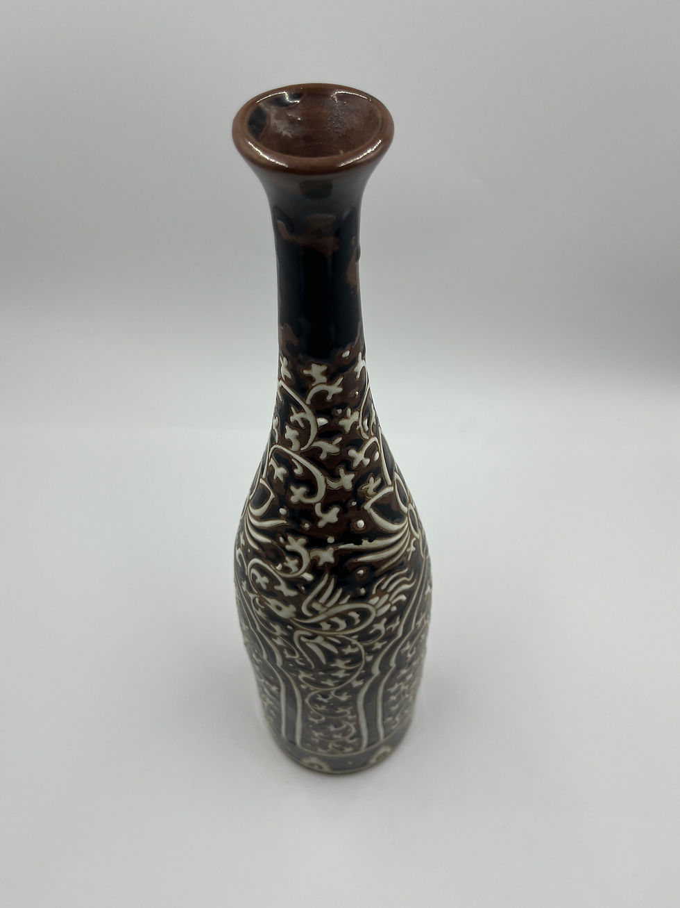 Thumbnail: Chocolate Brown Long Neck Vase  (M) (Stoneware) Phoenix & Vine Motif