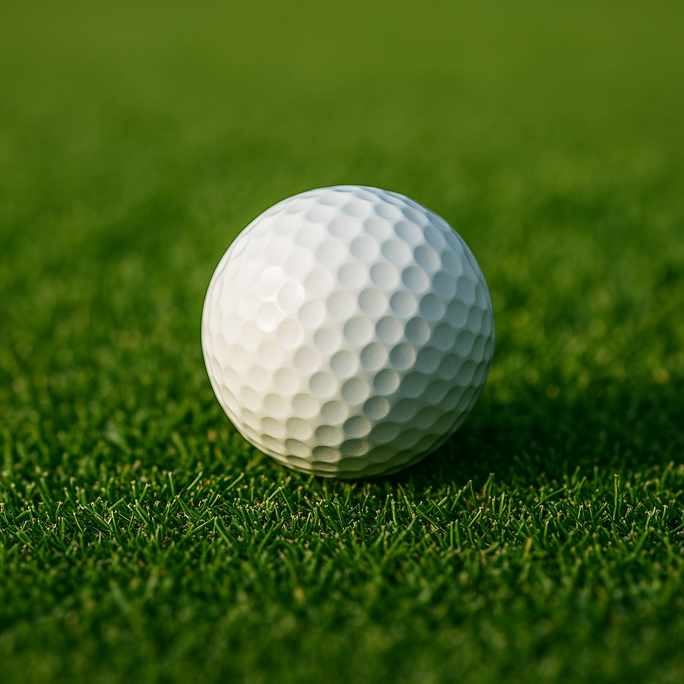 “Close-up de uma bola de golf branca sobre grama verde vibrante, com textura detalhada e fundo desfocado, destacando o design aerodinâmico e a qualidade profissional do equipamento.”