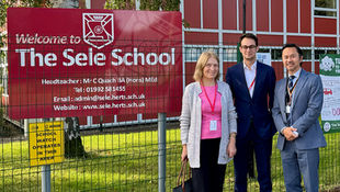 Josh Dean MP outside of Sele School with Headteacher Chris Quach and local Councillor Carolyn Redfern