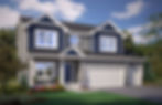 The front of a blue and gray house with a white garage.