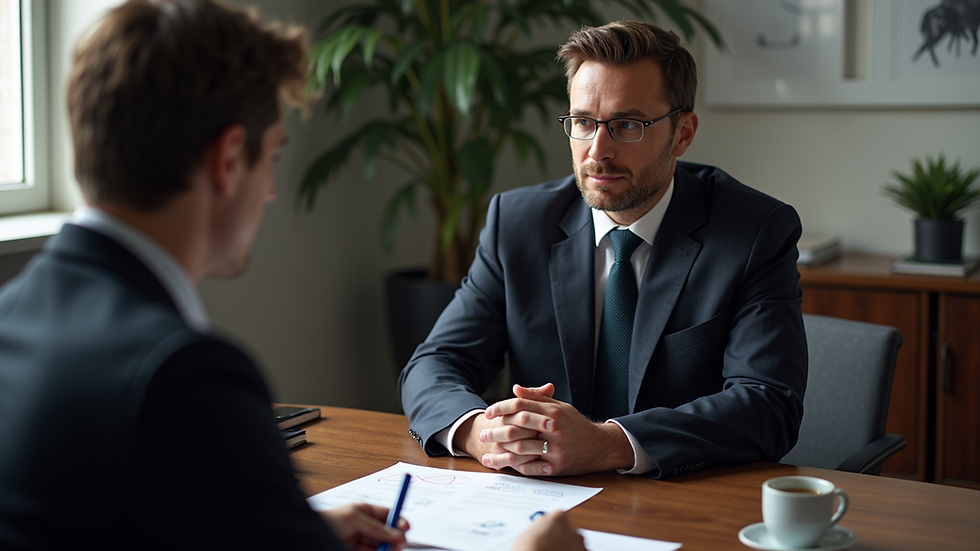 High angle view of a lawyer discussing case strategy with a client in an office